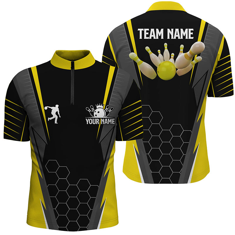 Black Men'S Bowling Shirt Quarter Zip Custom Name Mens Bowlers Jersey, Team Bowling Outfits Yellow, Custom Team Bowling Jerseys, Bowling Shirts