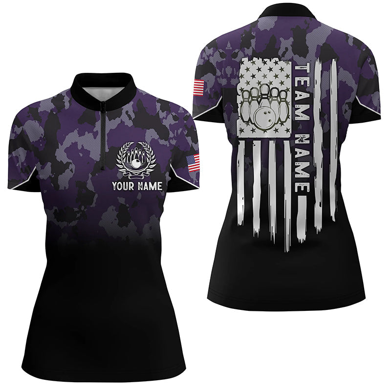 Black Purple Camo Womens Bowling Quarter Zip Shirt Custom American Flag Patriotic Bowling Team Jerseys, Custom Bowling Shirts