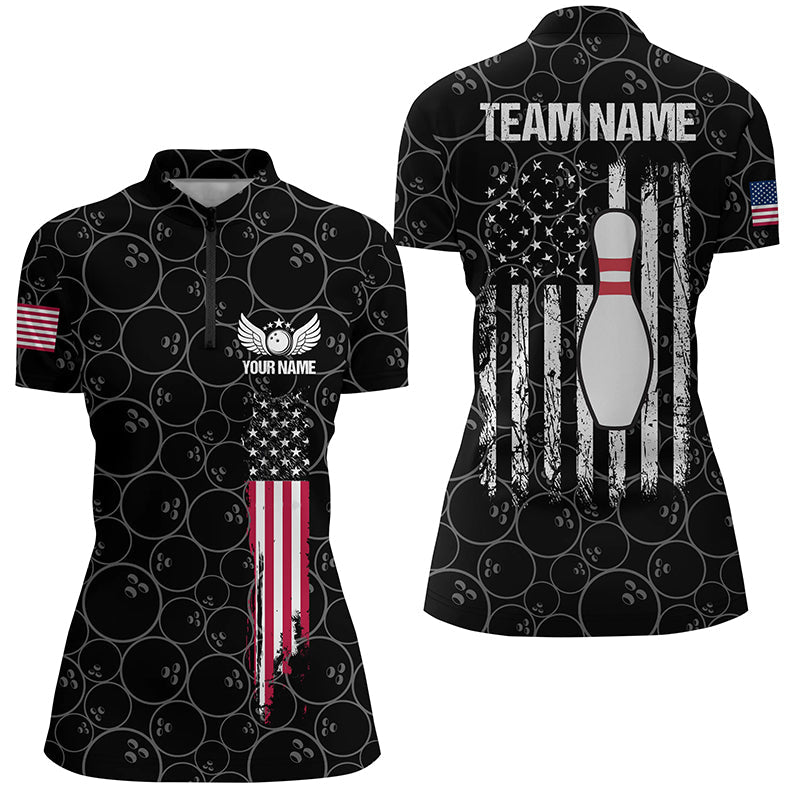 Black Retro Womens Bowling Quarter Zip Shirts Custom Vintage American Flag Team Ladies Bowlers Jerseys Custom Bowling Shirts 1 Geayq4 Black Retro Womens Bowling Quarter-Zip Shirts Custom Vintage American Flag Team Ladies Bowlers Jerseys, Custom Bowling Shirts