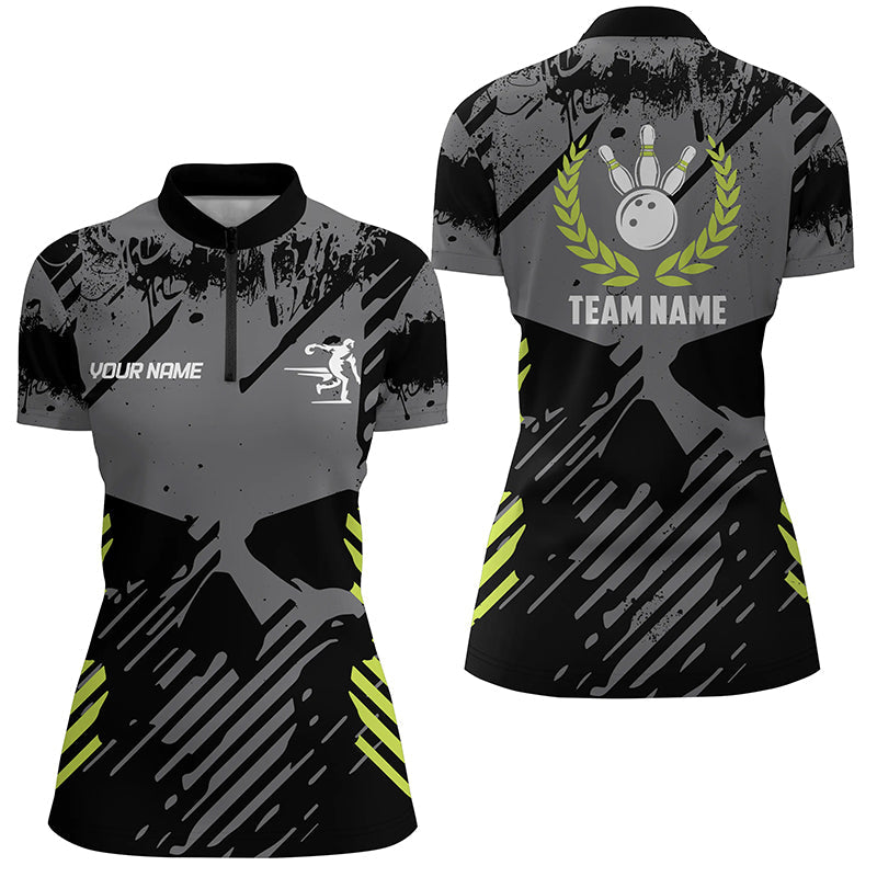 Black Skull Bowling Shirt For Women Custom Bowling Quarter Zip Shirt Bowling Team Skull League Jerseys, Custom Bowling Shirts