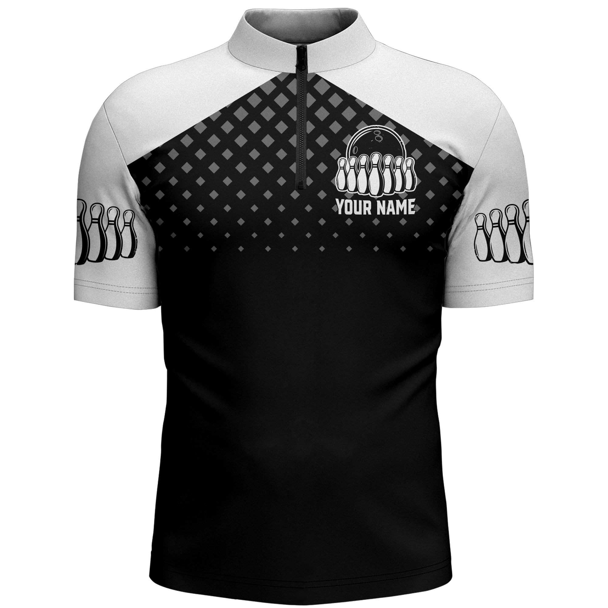 Black White Bowling Quarter Zip Shirt For Men Custom Bowling Jersey 14 Zip Bowling Shirt For Team, Custom Team Bowling Jerseys, Bowling Shirts