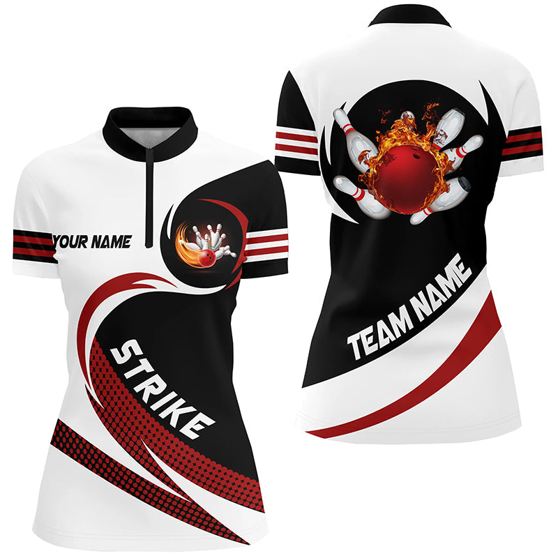Black White Bowling Quarter Zip Shirt For Women Custom Flame Bowling Ball Strike Team League Jersey Custom Bowling Shirts 1 Bs5bef Black & White Bowling Quarter Zip Shirt For Women Custom Flame Bowling Ball Strike Team League Jersey, Custom Bowling Shirts
