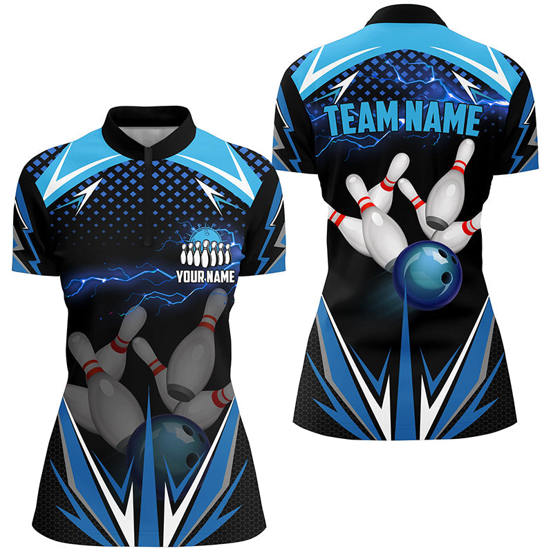 Black Women Bowling Quarter-Zip Shirt Custom Blue Lightning Team Ladies Bowlers Jersey Bowling Outfits, Custom Bowling Shirts