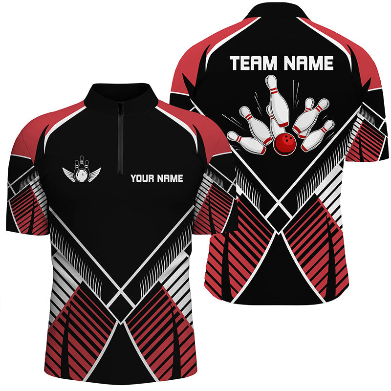 Black and Red Retro Bowling Polo, Quarter Zip shirts for men custom team bowling league jerseys, Custom Team Bowling Jerseys, Bowling Shirts
