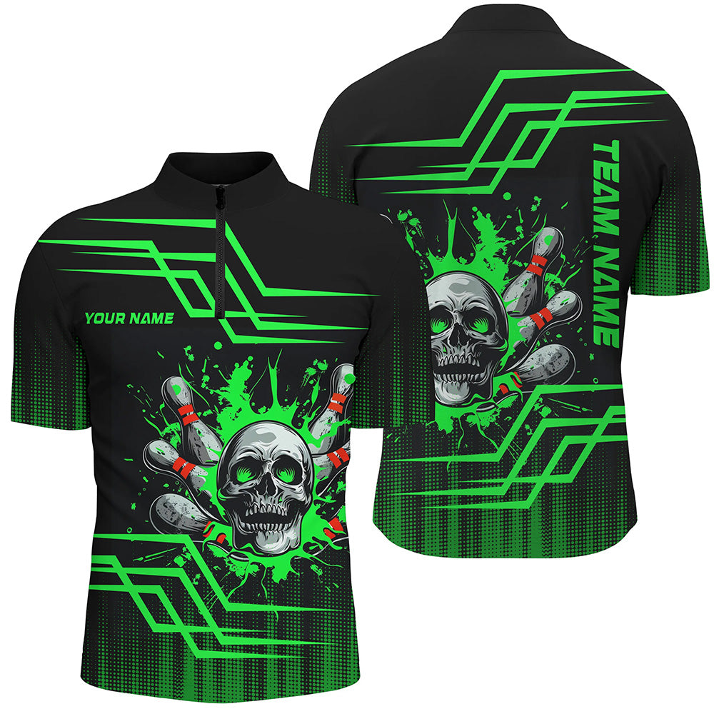Black and green bowling skull polo, Quarter zip Shirts for men Custom team Bowling jerseys, bowl gifts, Custom Team Bowling Jerseys