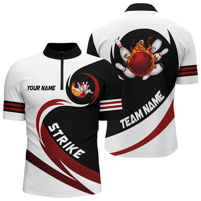 Black and white Bowling Quarter Zip Shirt For men Custom flame bowling ball strike Team League Jersey, Custom Team Bowling Jerseys