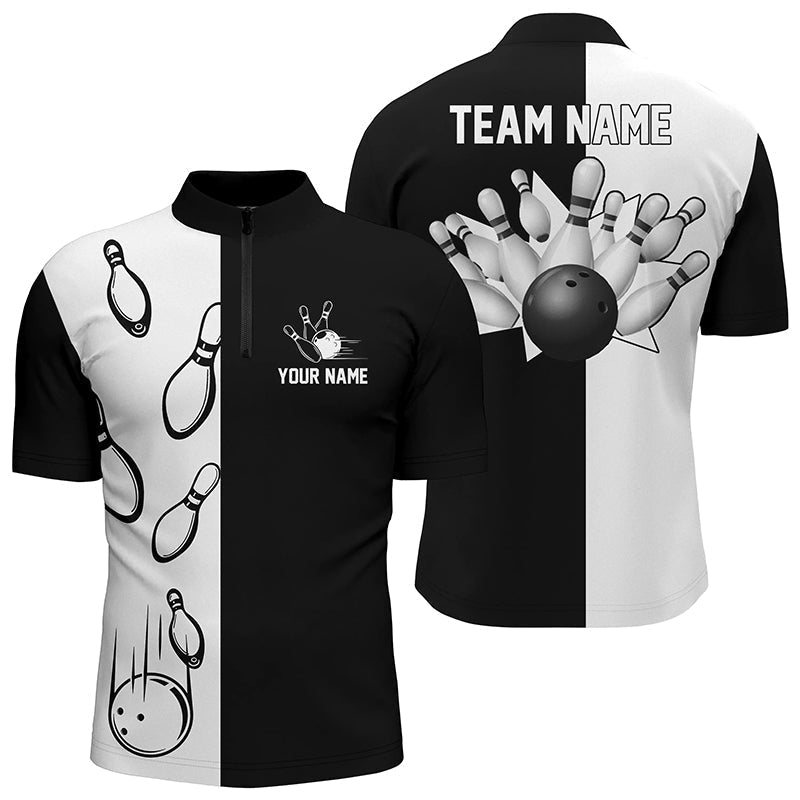 Black and white retro vintage Bowling Quarter Zip shirts for men custom Bowling team jerseys, Custom Team Bowling Jerseys, Bowling Shirts