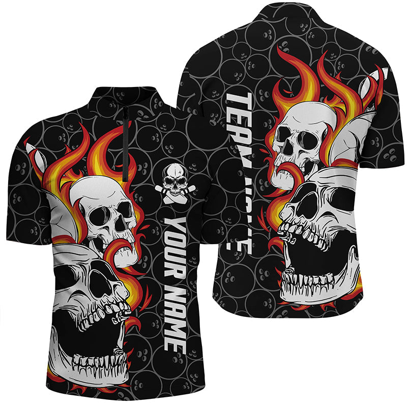 Black camo Bowling Quarter Zip shirts for men custom flame skull Bowling team league jerseys, Custom Team Bowling Jerseys, Bowling Shirts