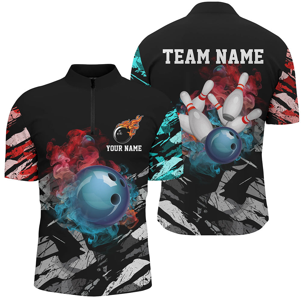 Black Camo Smoke Bowling Ball Pins Custom Bowling Polo Quarter Zip Shirt For Men Team Bowling Jersey Custom Team Bowling Jerseys 1 Xrltzx Black camo smoke Bowling ball pins Custom Bowling Polo, Quarter Zip shirt For Men, Team Bowling Jersey, Custom Team Bowling Jerseys