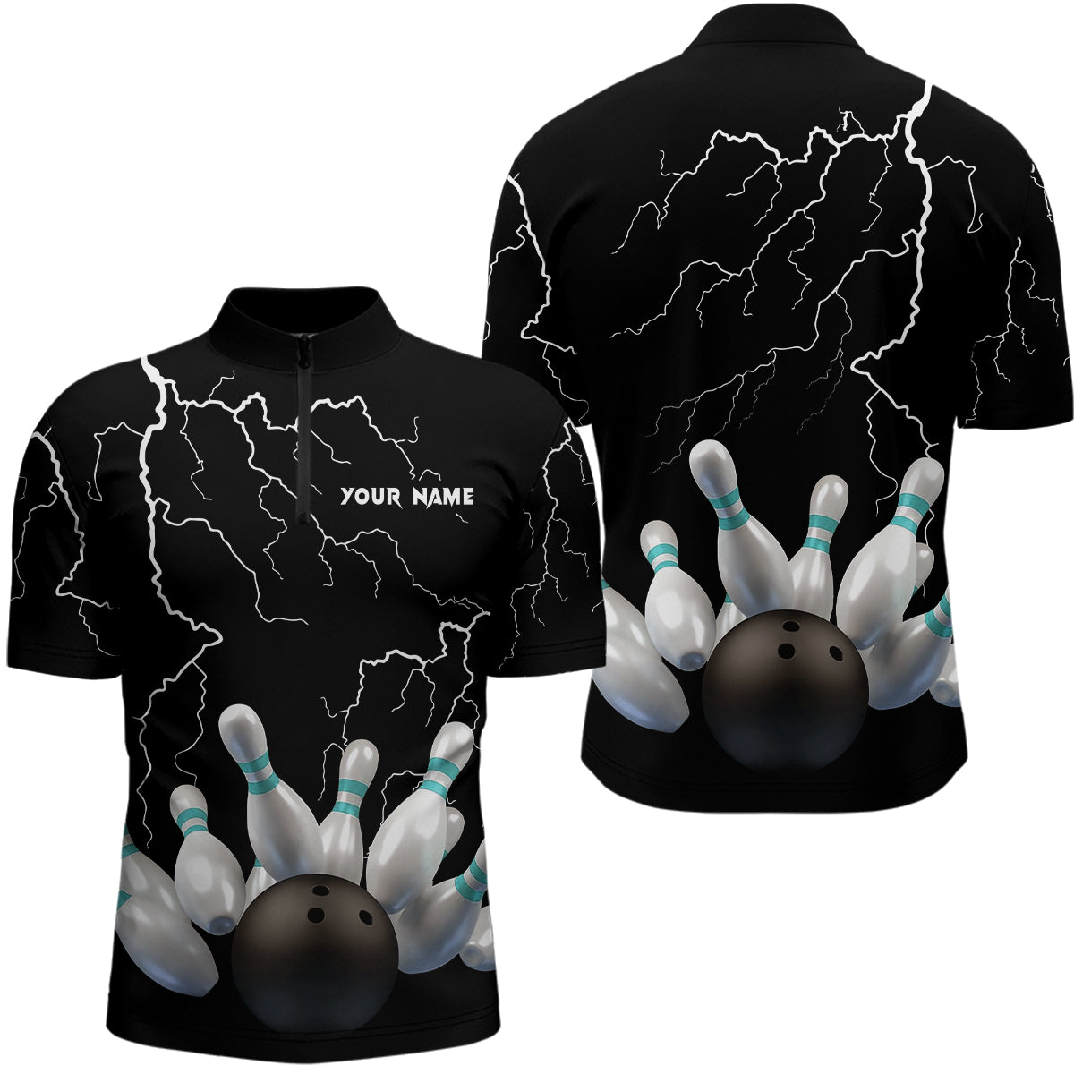 Black lightning thunder custom men bowling Quarter Zip shirt bowling ball pins team jerseys, Custom Team Bowling Jerseys, Bowling Shirts