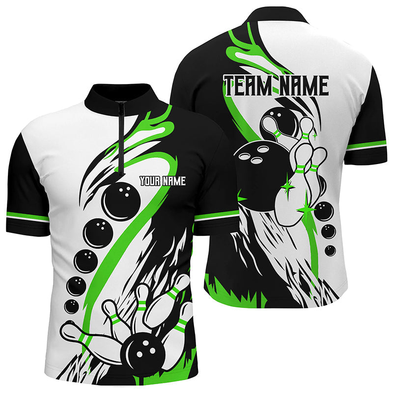 Black white retro bowling league jersey custom Men Bowling Quarter Zip Shirt, gifts for bowlers Green, Custom Team Bowling Jerseys
