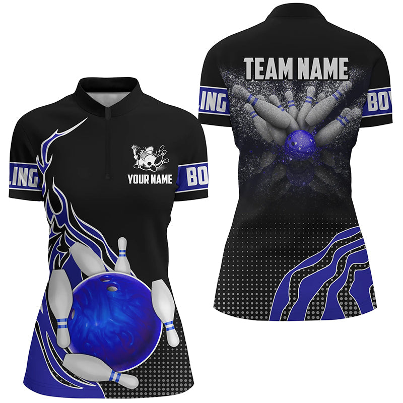 Blue And Black Bowling Quarter Zip Shirts For Women Custom Bowling Ball Pins Team Jerseys Bowl Gifts, Custom Bowling Shirts