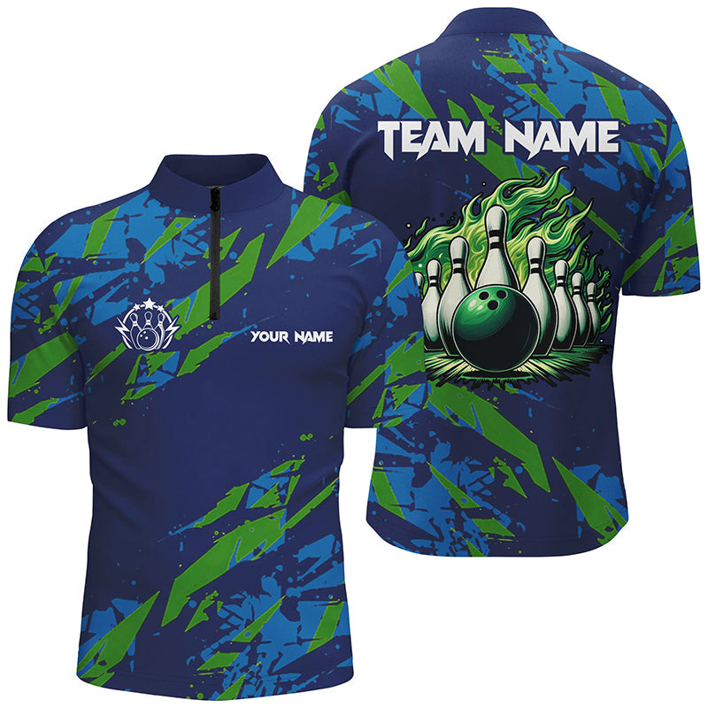 Blue And Green Camo Bowling Quarter Zip Shirt For Men Custom Flame Bowling Ball Pins Team Jerseys, Custom Team Bowling Jerseys, Bowling Shirts