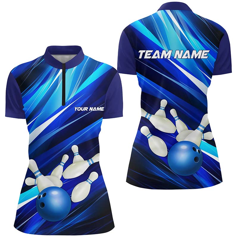 Blue Bowling Quarter Zip Shirts For Women, Bowling Ball And Pins Custom Bowling Team Shirt , Custom Bowling Shirts, Bowling Gift Ideas