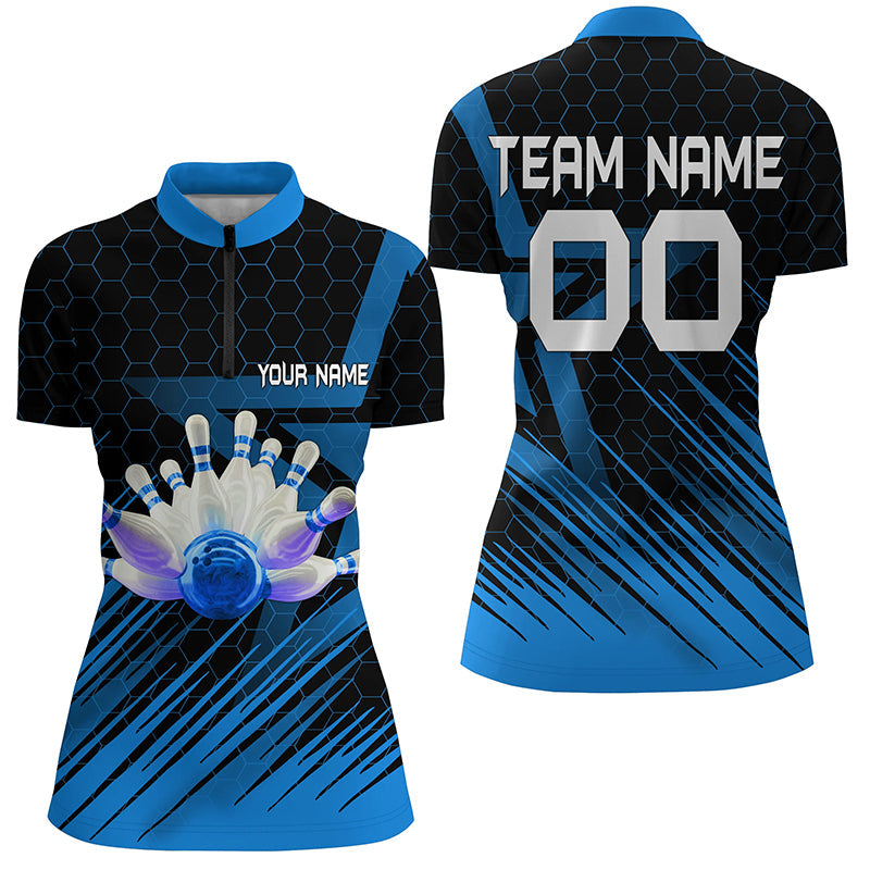 Blue Bowling Shirt For Women Custom Name Quarter Zip Bowling Jersey 3D Bowling Team Shirt For Women, Custom Bowling Shirts