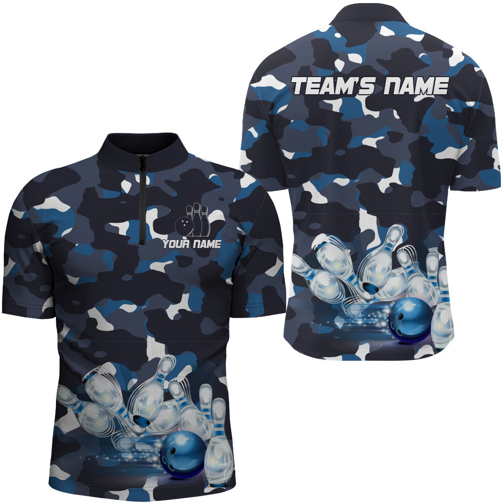 Blue Camo Bowling Men'S Quarter Zip Shirt, Custom Team Name Short Sleeve Men Bowling Jers, Custom Team Bowling Jerseys, Bowling Shirts