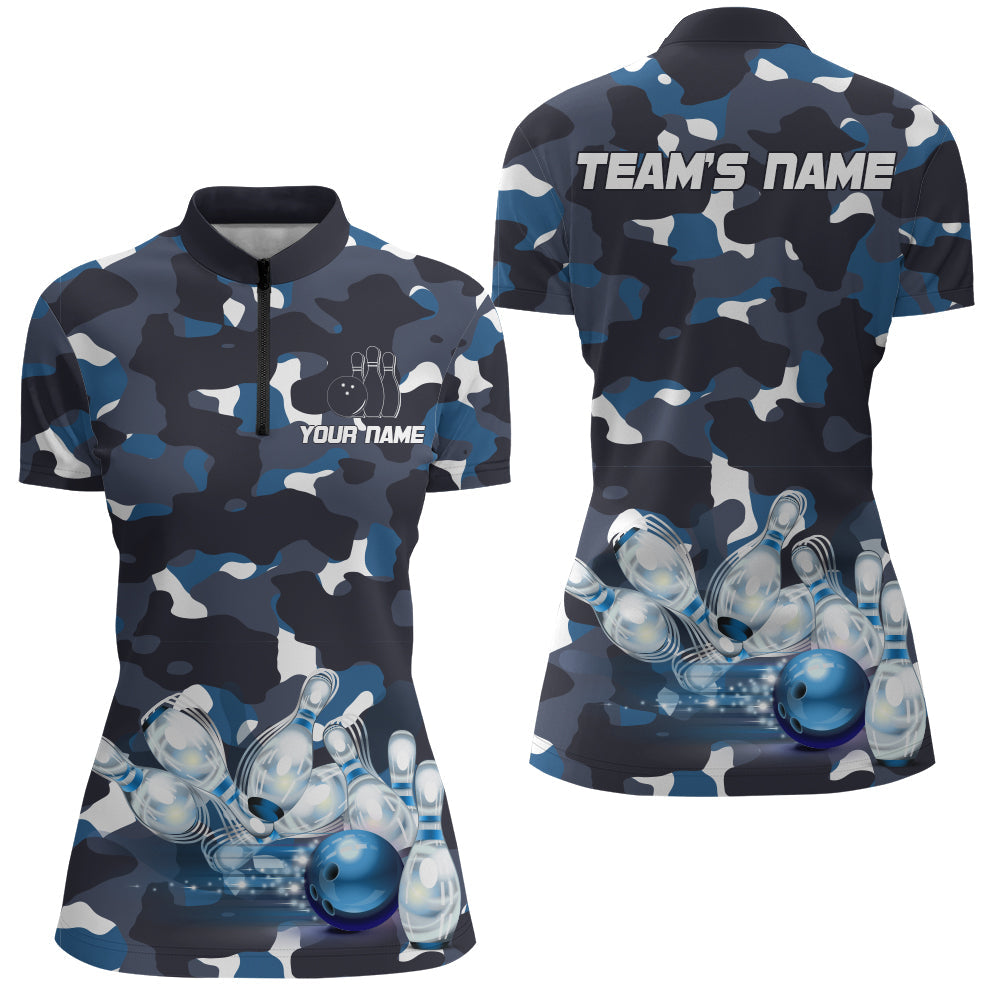 Blue Camo Bowling Women'S Quarter-Zip Shirt, Custom Team Name Short Sleeve Ladies Bowling Jersey, Custom Bowling Shirts, Bowling Gift Ideas