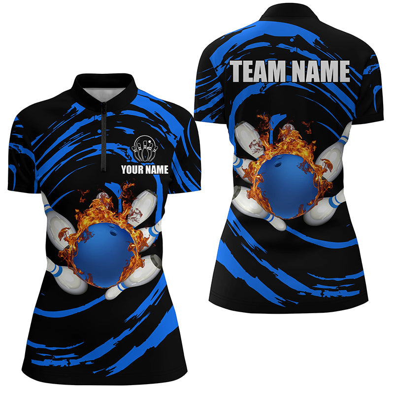 Blue Flame Bowling Ball And Pins Womens Bowling Quarter Zip Shirts Custom Team Female Bowling Outfit, Custom Bowling Shirts