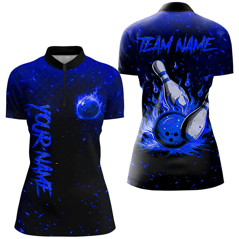 Blue Flame Bowling Jerseys For Women Custom Bowling Quarter-Zip Shirt For Team, Gift For Bowlers, Custom Bowling Shirts, Bowling Gift Ideas