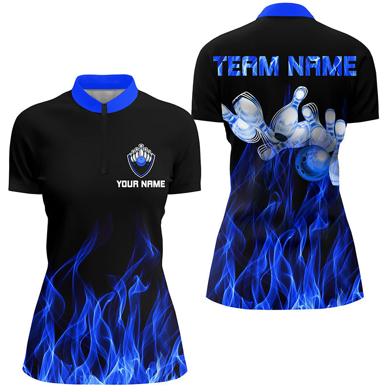 Blue Flame Bowling Quarter-Zip Shirt Women Black Bowling Jerseys Personalized Bowling Team Shirts, Custom Bowling Shirts, Bowling Gift Ideas