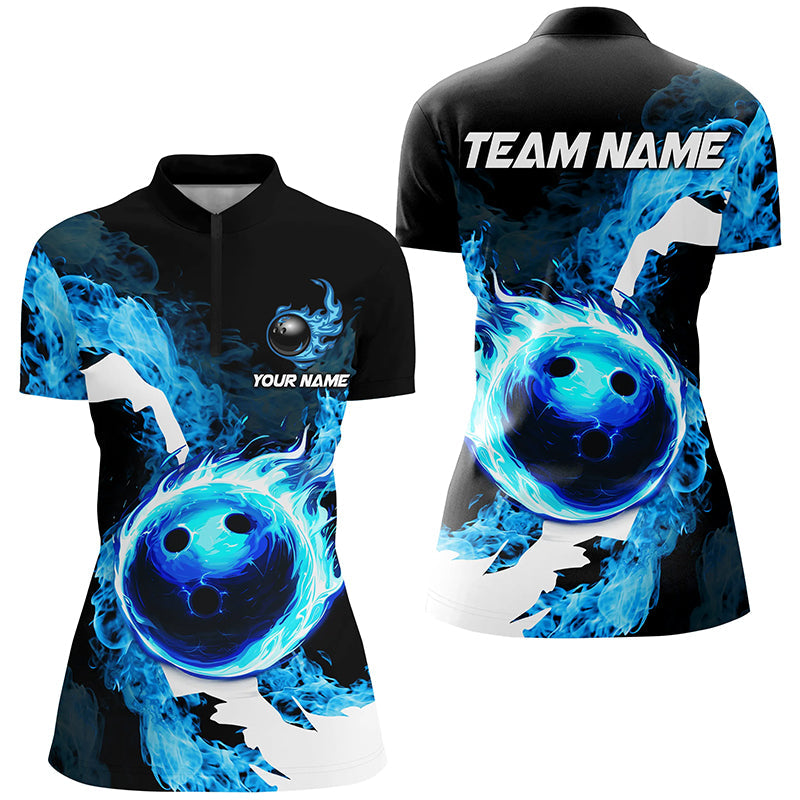 Blue Flame Fire Bowling Shirts For Women Custom Bowling Team Jersey Bowling Polo & Quarter-Zip Shirts, Custom Bowling Shirts