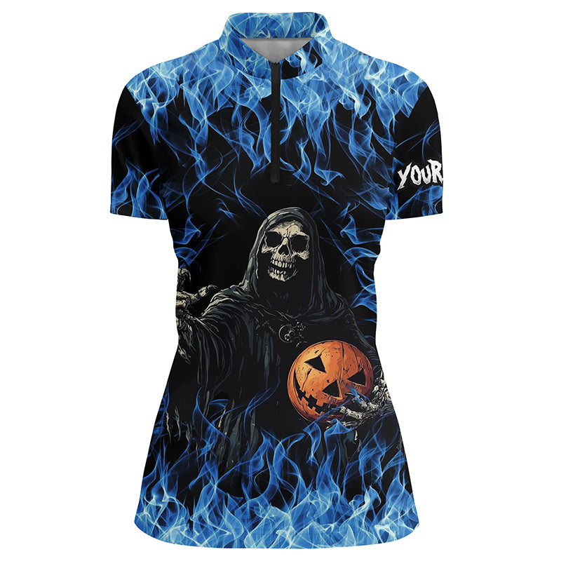 Blue Flame Halloween Skull Bowling Custom Women Bowling Quarter Zip Shirts, Team Bowling Jerseys, Custom Bowling Shirts, Bowling Gift Ideas