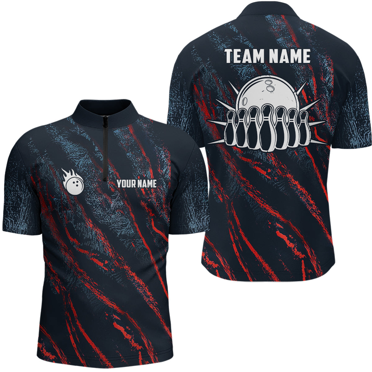 Blue and red camo bowling ball and pins jerseys Custom Team League Bowling Quarter Zip Shirts For Men, Custom Team Bowling Jerseys