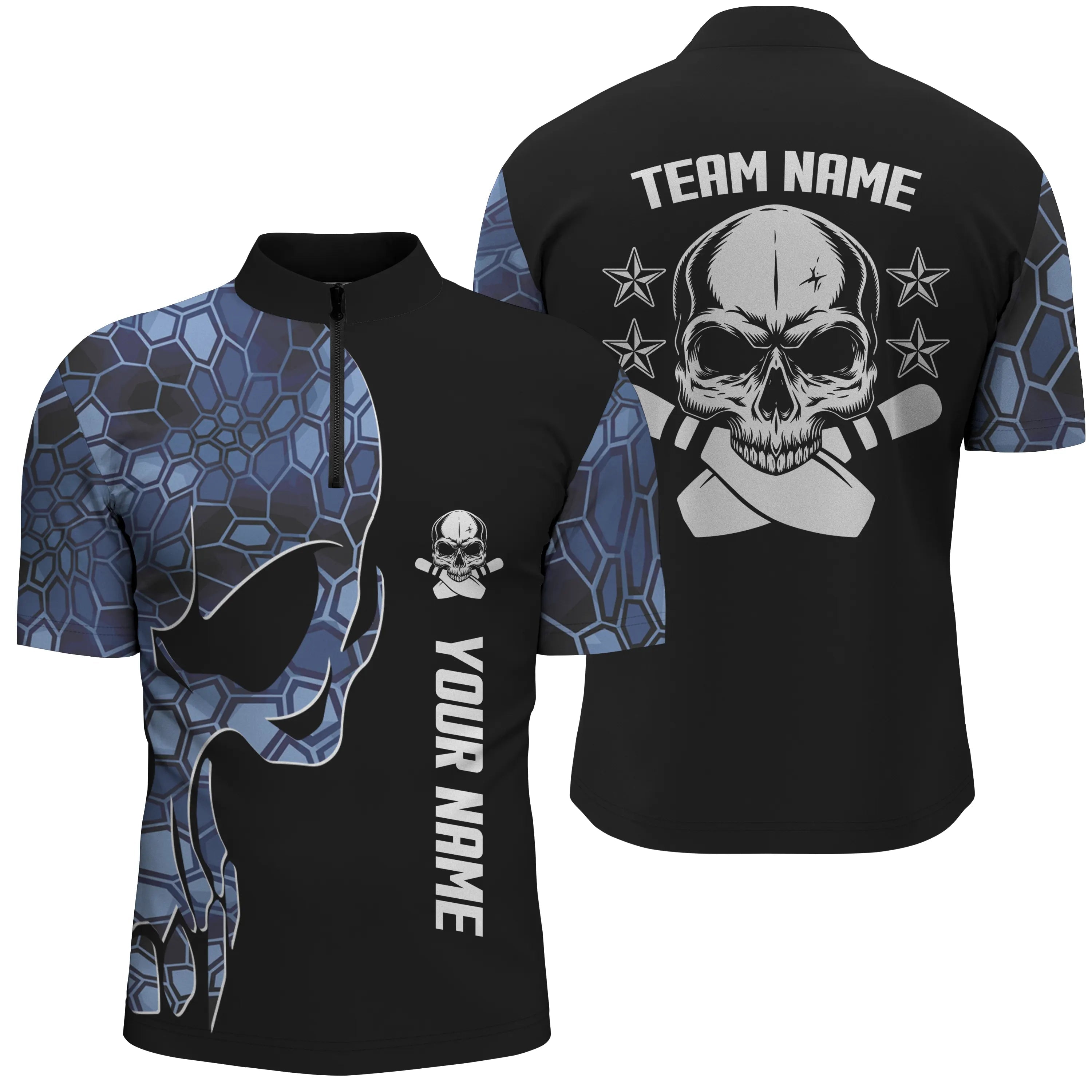 Blue camo black Bowling Quarter Zip shirts for men custom team name Skull Bowling, team bowling shirts, Custom Team Bowling Jerseys