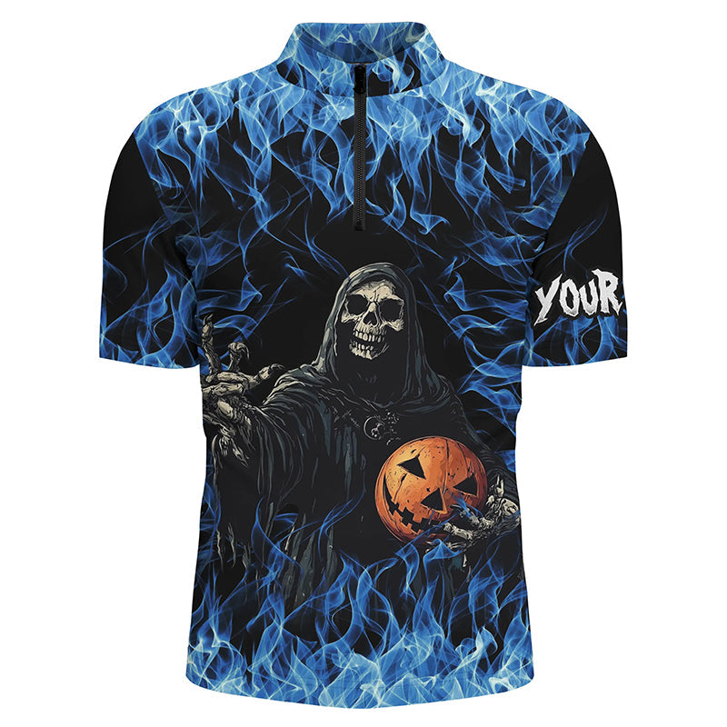 Blue flame Halloween Skull Bowling custom Mens Bowling Polo, Quarter Zip Shirts, team bowling jerseys, Custom Team Bowling Jerseys