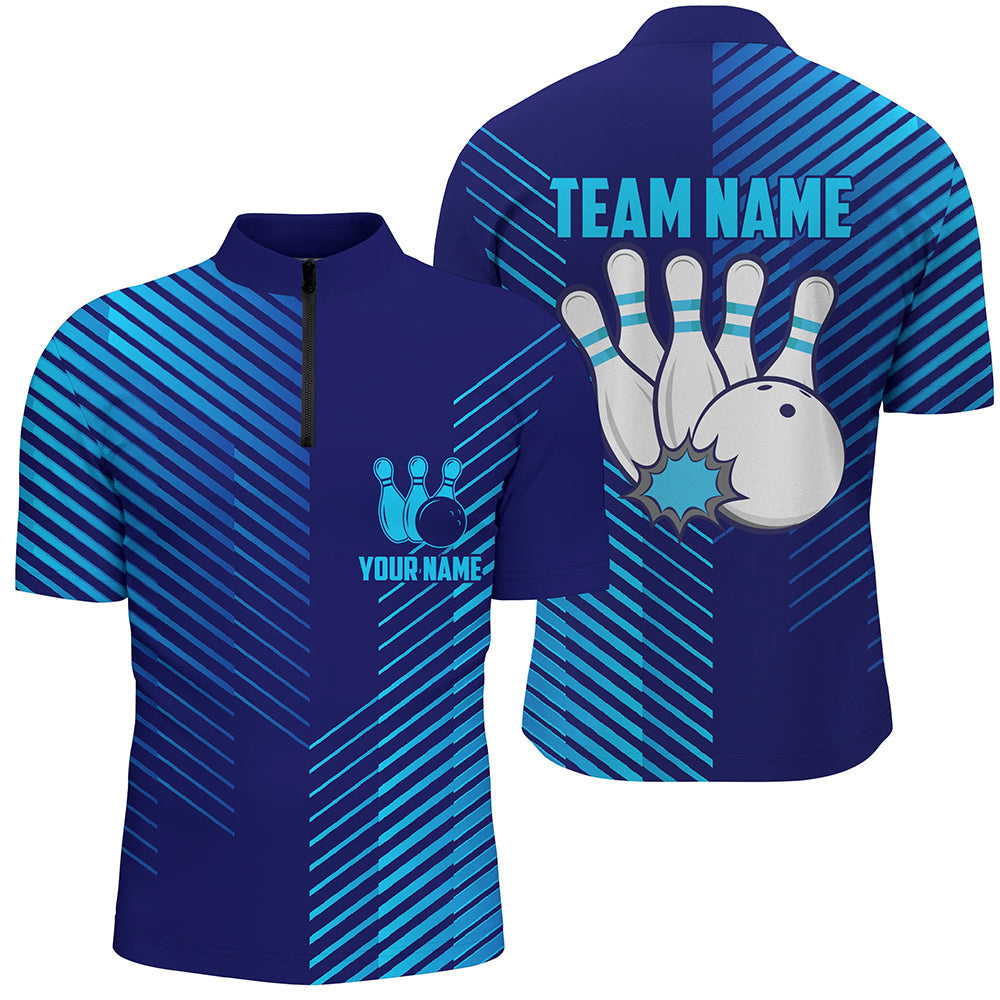 Blue stripes pattern bowling ball pins custom Men's bowling Polo, Quarter Zip shirts team jerseys, Custom Team Bowling Jerseys, Bowling Shirts