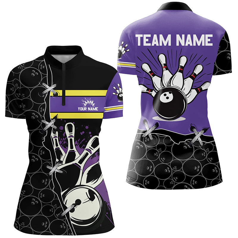 Bowling Camo Quarter Zip Shirt For Women Custom Team Bowling League Jerseys, Gift For Bowlers  Purple, Custom Bowling Shirts