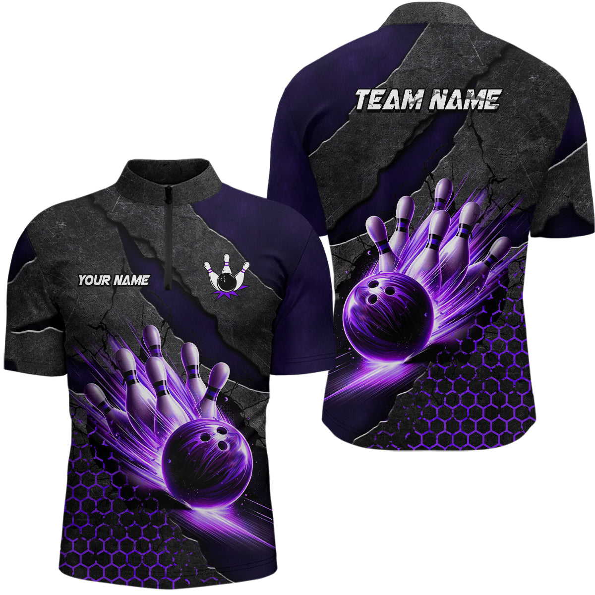Bowling Jersey For Men Custom Bowling Polo, Quarter Zip Shirt For Team Bowlers Purple, Custom Team Bowling Jerseys, Bowling Shirts