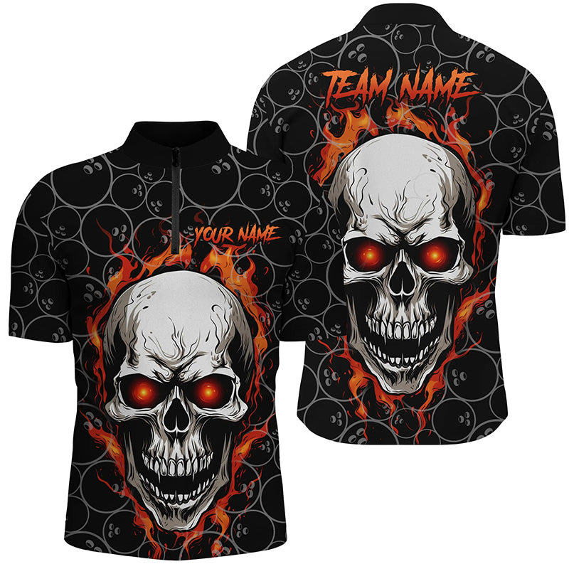 Bowling Pattern Red Flame Skull Custom Bowling Quarter Zip Shirts For Men, Bowling Team Jerseys, Custom Team Bowling Jerseys, Bowling Shirts