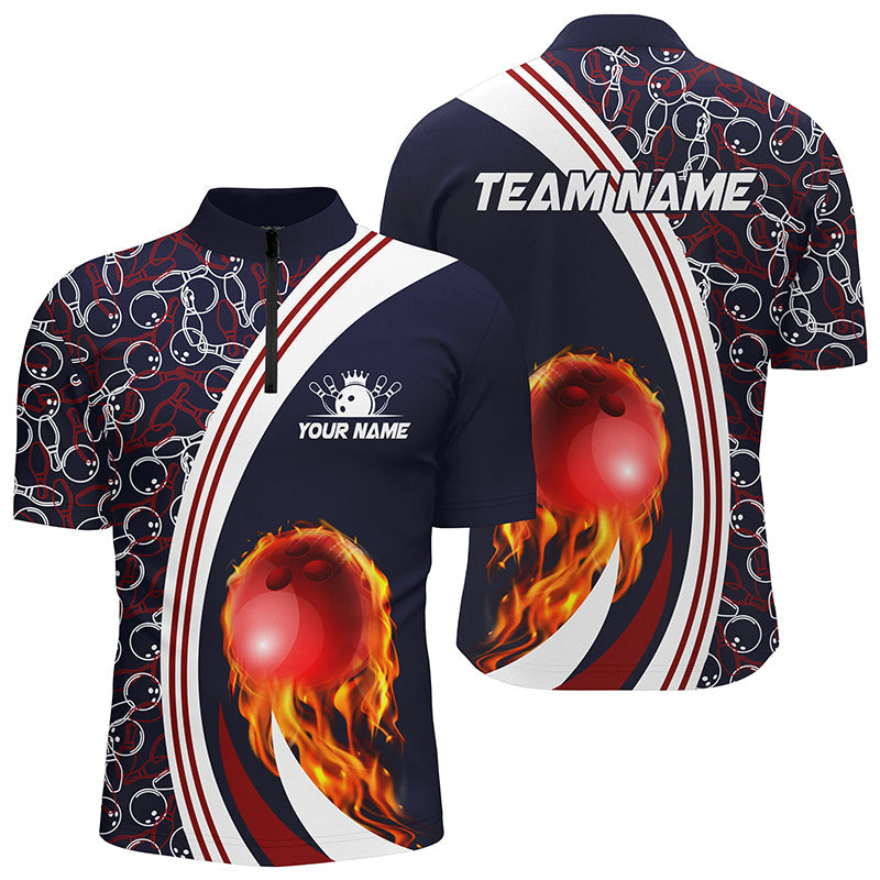 Bowling Quarter Zip Shirt For men Custom camo flame bowling ball fire Bowling Team League Jersey Navy, Custom Team Bowling Jerseys