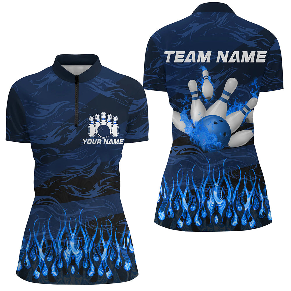 Bowling Quarter Zip Shirts For Women Custom Blue Camo Flame Bowling Team League Jerseys, Custom Bowling Shirts, Bowling Gift Ideas