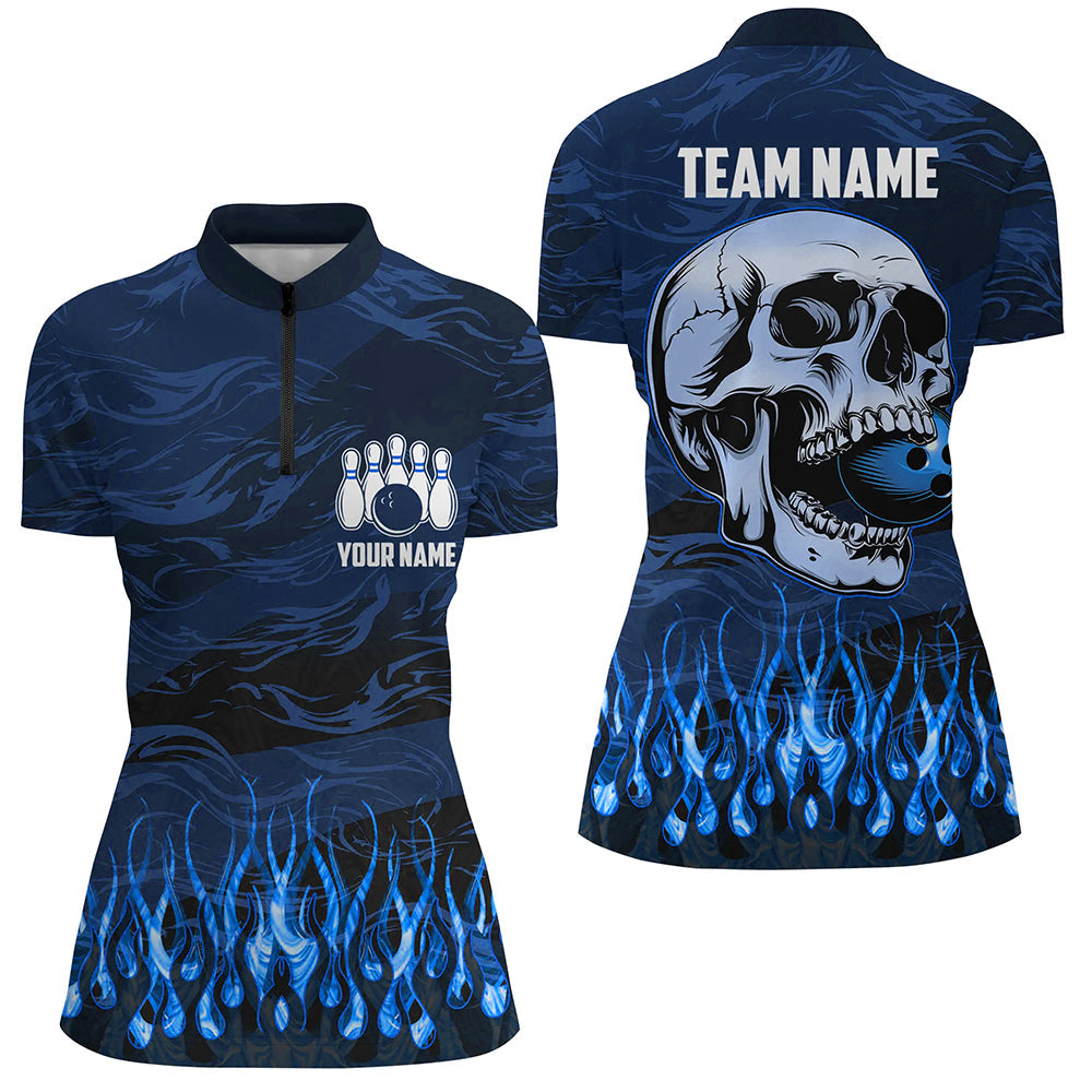 Bowling Quarter Zip Shirts For Women Custom Blue Camo Flame Skull Bowling Team League Jerseys, Custom Bowling Shirts, Bowling Gift Ideas