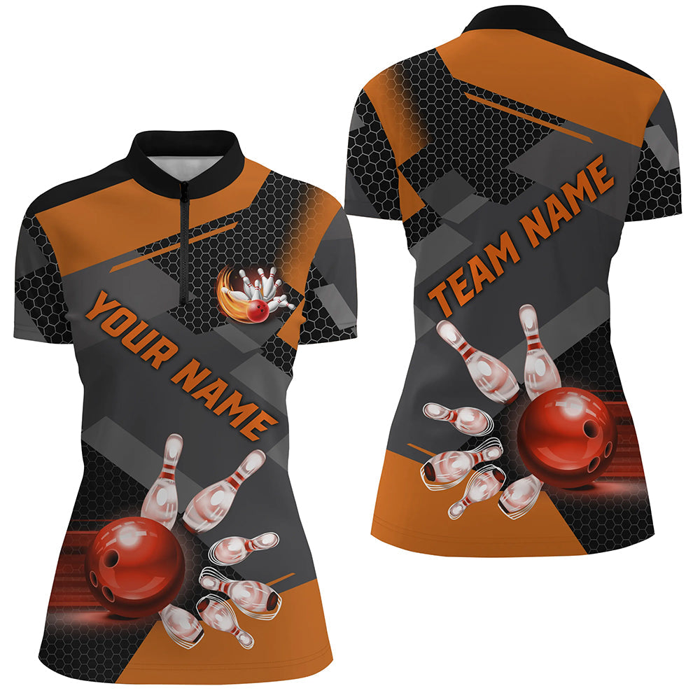Bowling Quarter Zip Shirts For Women Custom Bowling Team League Jersey, Gift For Bowler Orange, Custom Bowling Shirts, Bowling Gift Ideas