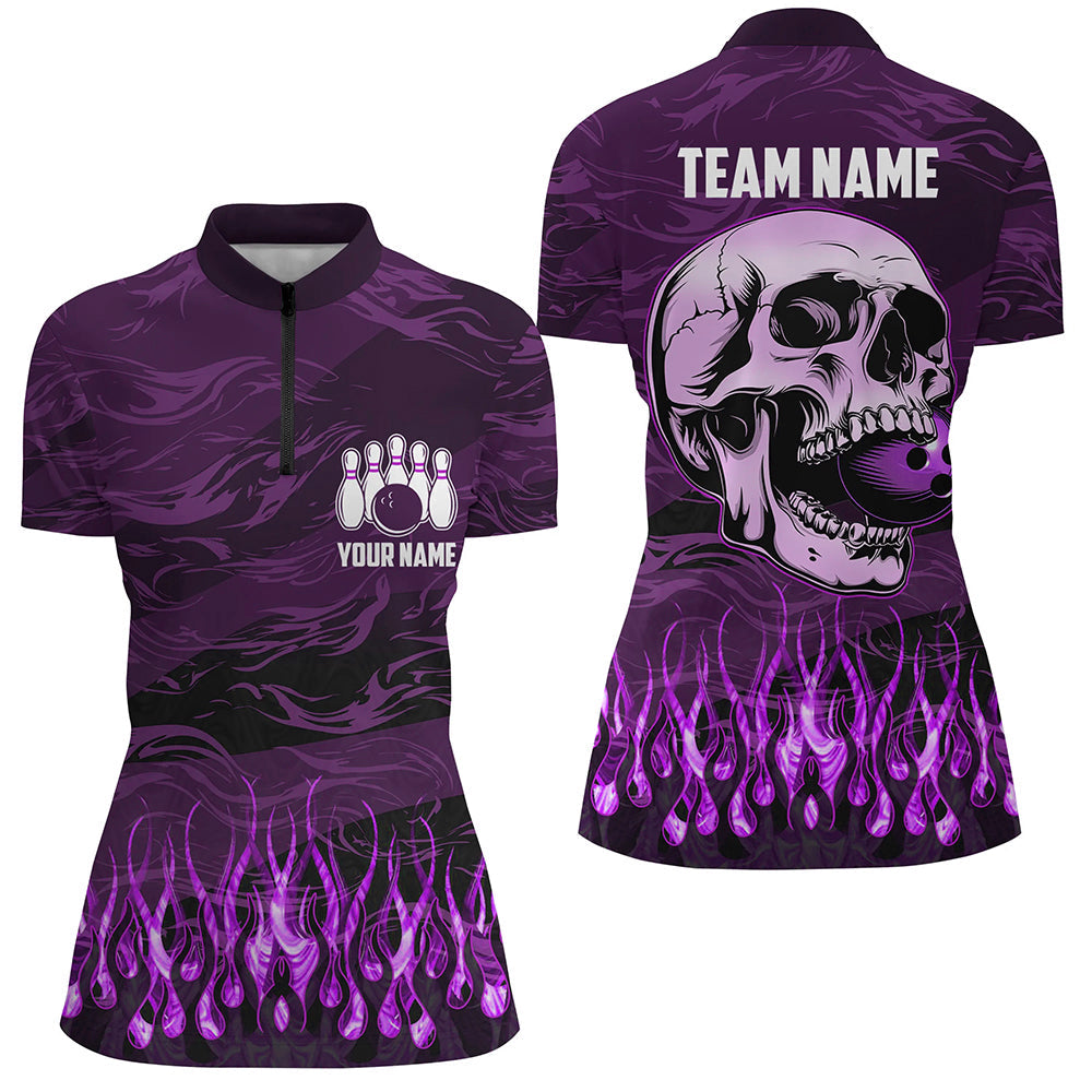 Bowling Quarter Zip Shirts For Women Custom Purple Camo Flame Skull Bowling Team League Jerseys, Custom Bowling Shirts, Bowling Gift Ideas