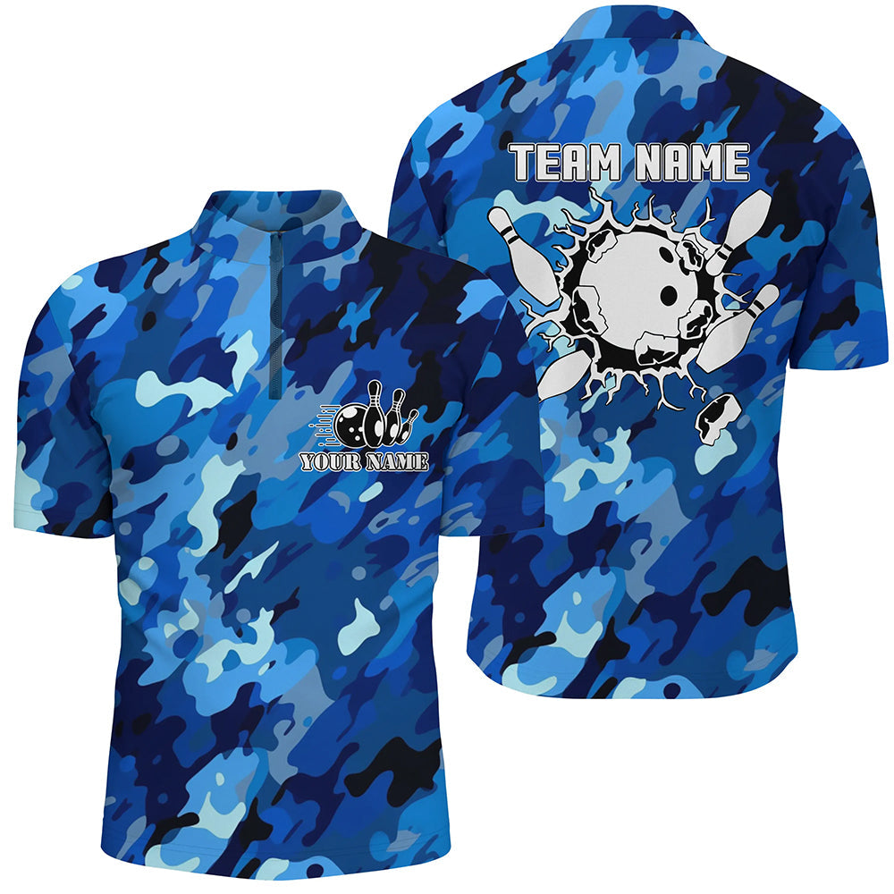 Bowling Quarter Zip shirts for men Custom bowling ball and pins blue camo Bowling Team Jersey, Custom Team Bowling Jerseys, Bowling Shirts