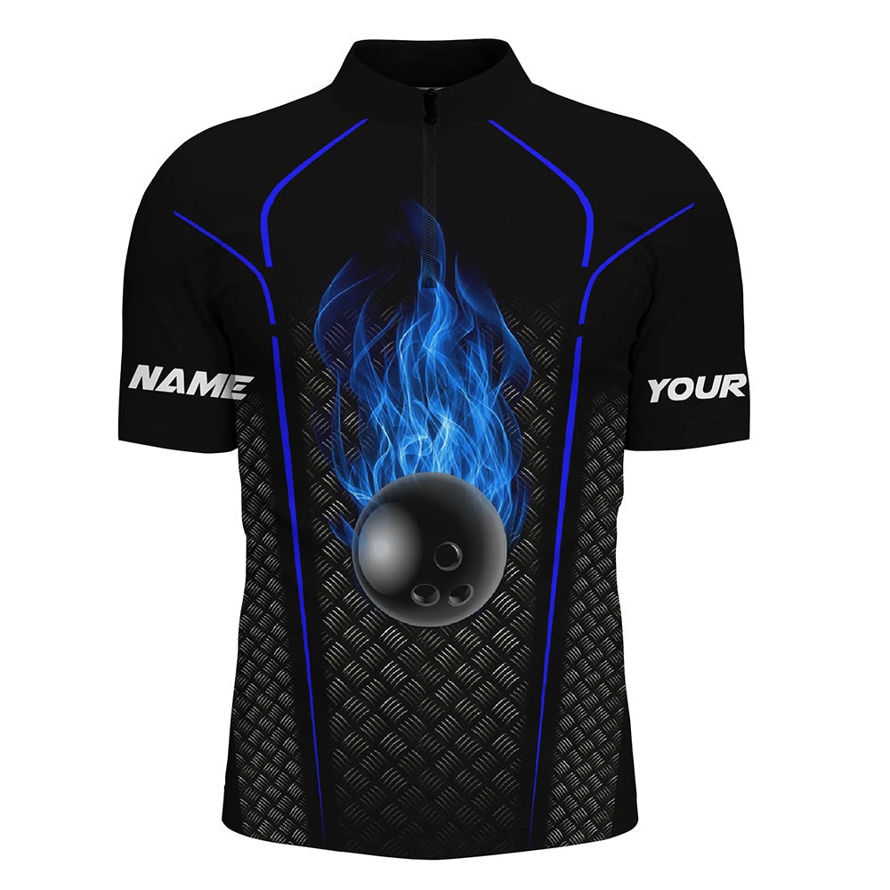 Vintage Bowling Shirts, Bowling Shirt For Men Custom Quarter Zip Bowling Jersey 3D Bowling Team Shirt For Men Black Blue