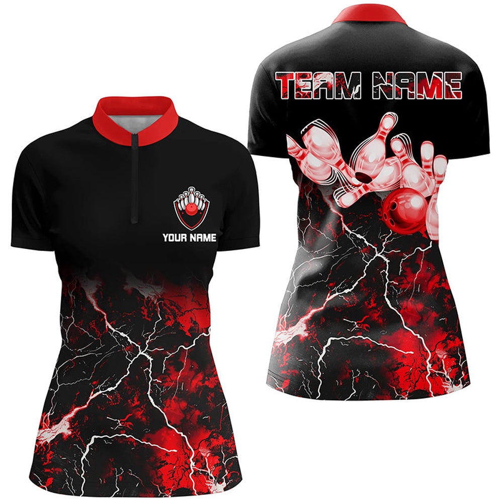 Bowling Shirts Personalized, Bowling Quarter-Zip Shirt Women Red Lightning Thunder Bowling Ball Pins Jerseys For Bowler