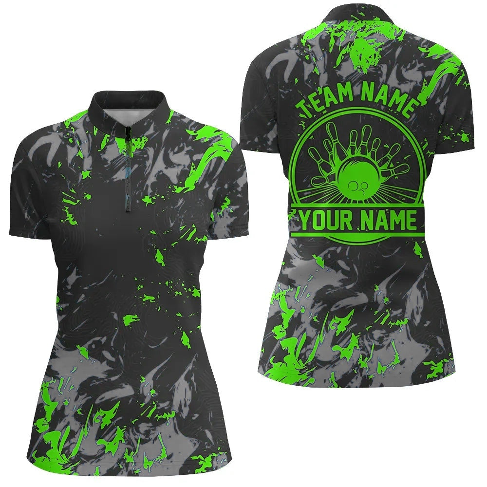 Bowling Shirts Personalized, Bowling Quarter Zip Shirts Women Bowling Ball And Pins Bowling Team Shirts Green