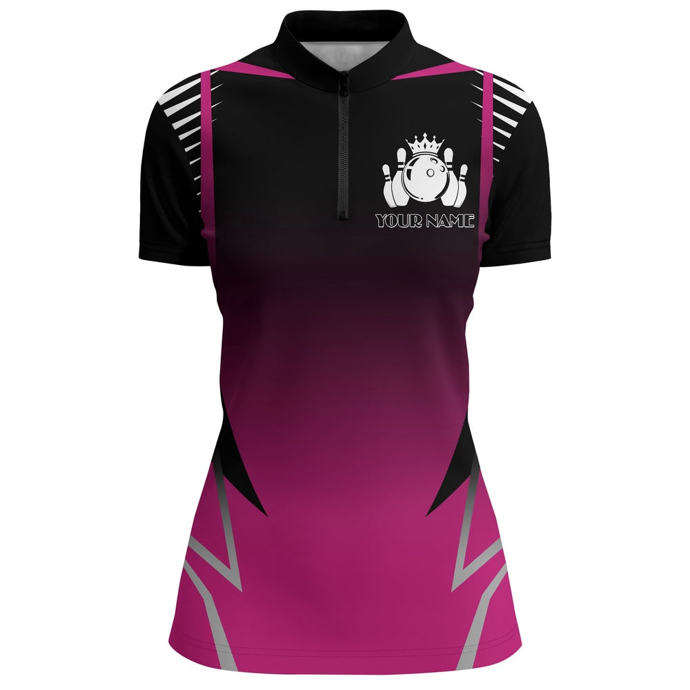 Bowling Shirts Personalized, Bowling Shirt For Women, Gutter Girl Pink Quarter-Zip Bowling Shirt Ladies Bowling Jerse