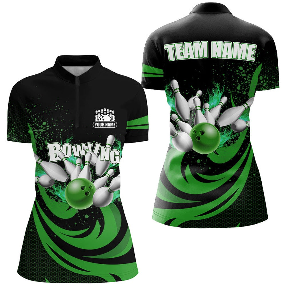 Bowling Shirts Personalized, Bowling Shirts For Women Green Bowling Jerseys Team League Bowling Polo, Quarter Zip Shirt