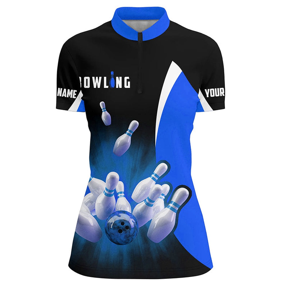 Bowling Shirts Personalized, Bowling Shirts Retro Black Blue Bowling Quarter Zip Shirts For Women, Bowling Team Jersey