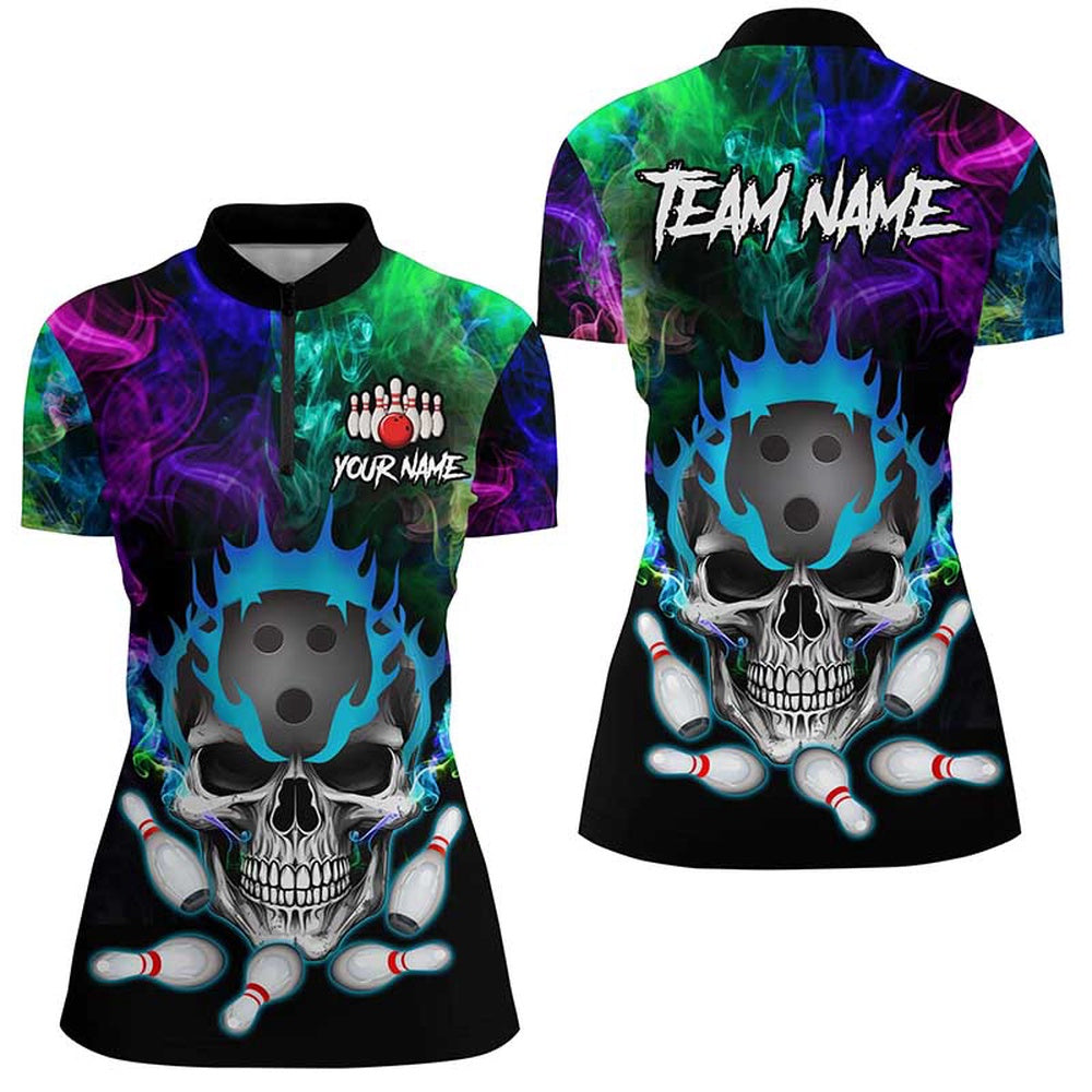 Bowling Shirts Personalized, Colorful Smoke Skull Bowling Polo, Quarter Zip Shirt For Women Team Bowling League Jerseys