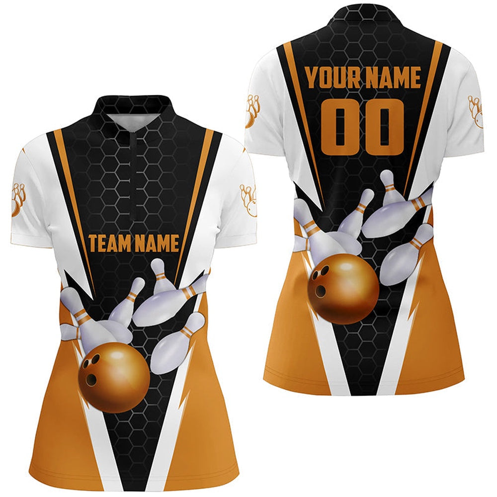 Bowling Shirts Personalized, Orange Strike Bowling Quarter Zip Shirts Womens, Ladies Bowling Jerseys