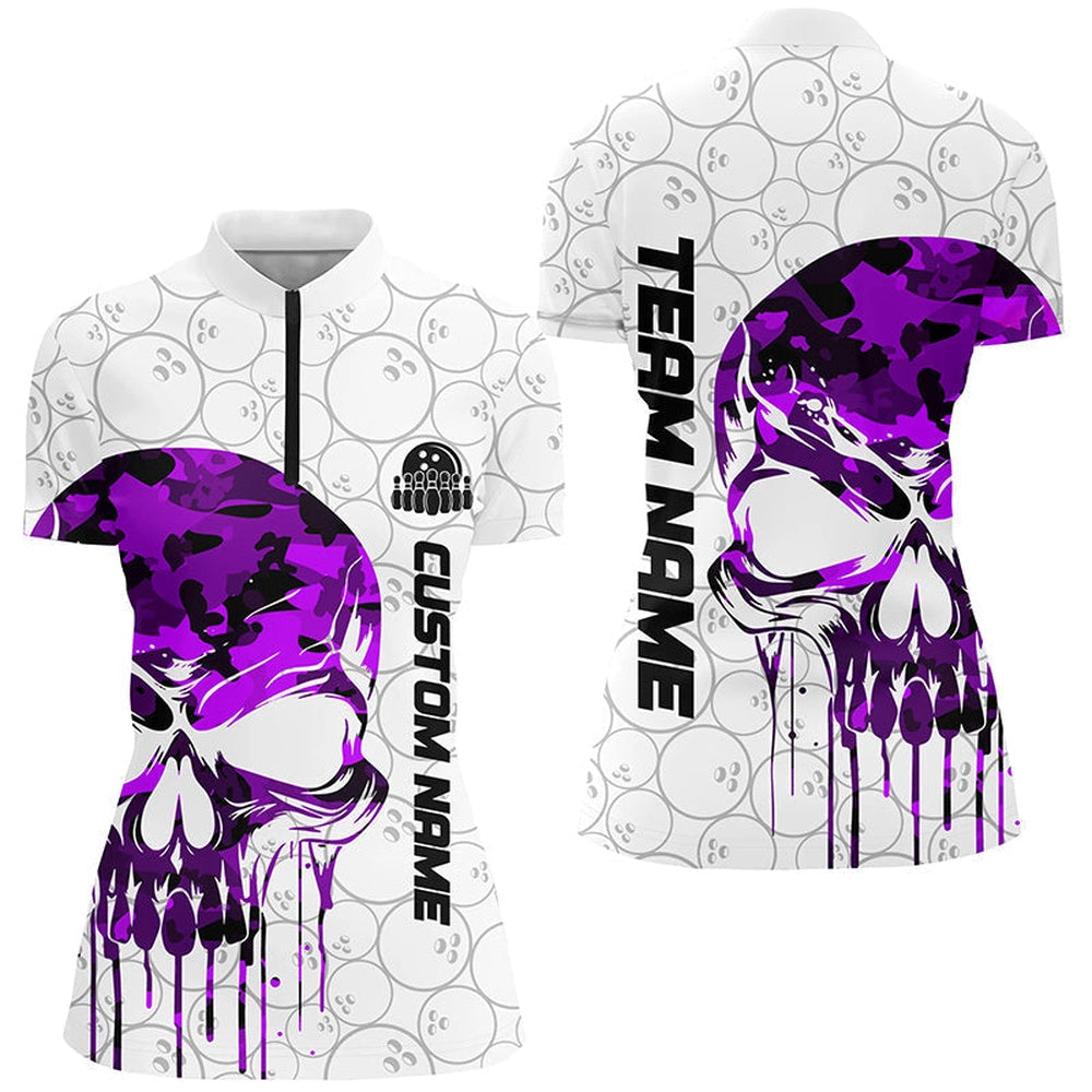 Bowling Shirts Personalized, Purple Camo Skull Bowling Quarter-Zip Shirts Women Team Bowling League Outfit
