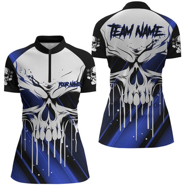 Bowling Shirts Personalized, Skull Bowling Jerseys Women Bowling Team Quarter Zip Shirts Halloween Outfits Blue