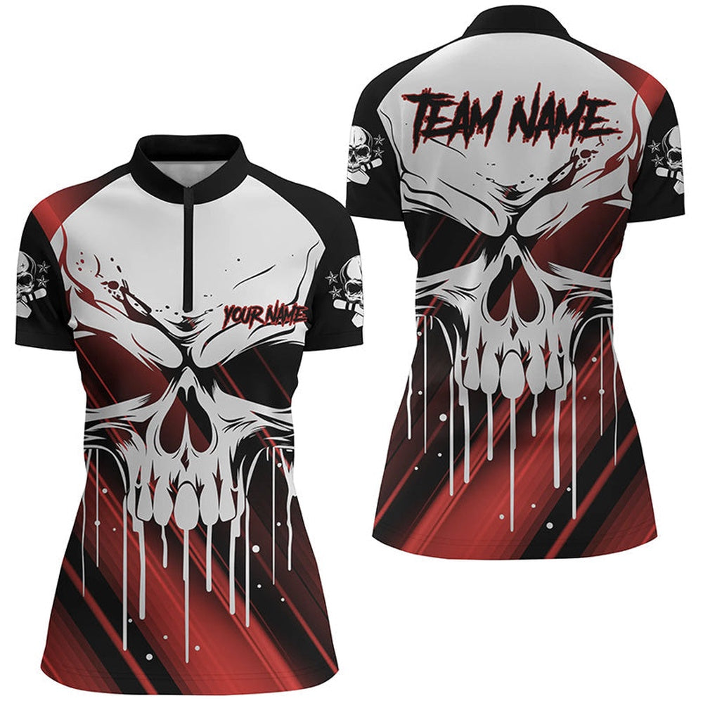 Bowling Shirts Personalized, Skull Bowling Jerseys Women Bowling Team Quarter Zip Shirts Halloween Outfits Red